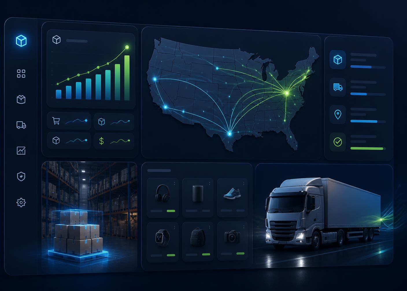 SimpleVibeo warehouse dashboard showing US shipping routes, live order analytics, and same-day fulfillment